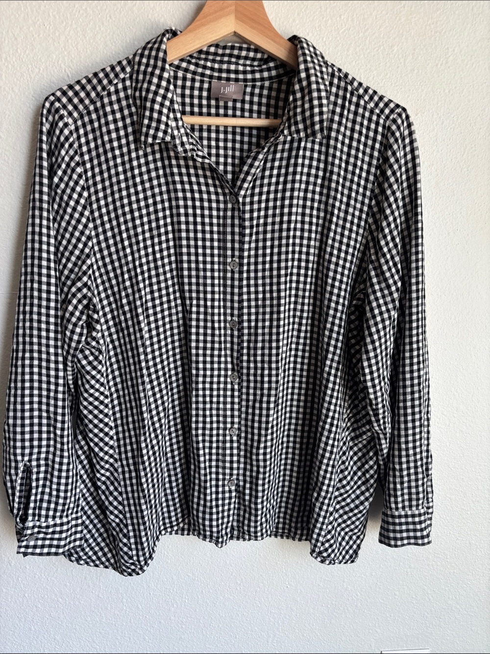 J. JILL Womens Gingham Black White Long Sleeve Flowy Shirt Large